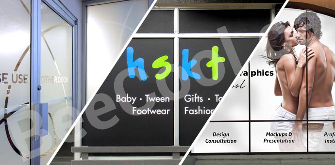 Storefront frosting, printed perforated graphics and etched vinyl.