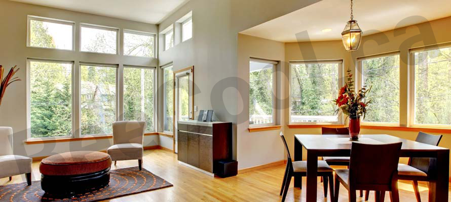 dining room & living room large windows that can be tinted to provide UV protection.
