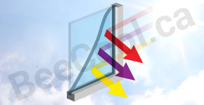 Illustration of window that has sun control film installed showing sun ray rejection.