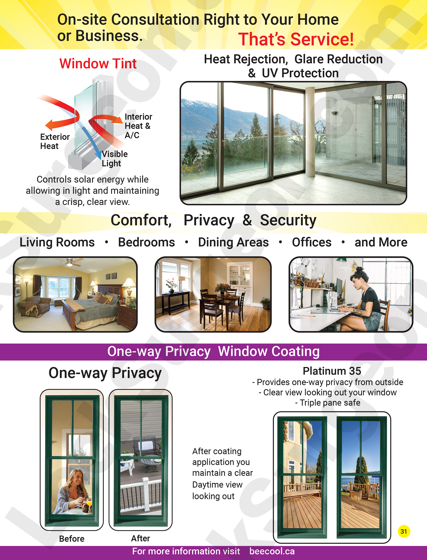 Bee Cool glass coatings flyer page describing benefits of privacy glass products installed.