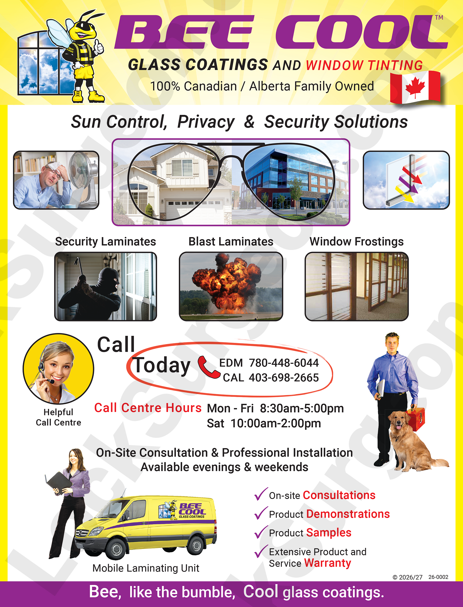 Bee Cool glass coatings flyer page with all information required to arrange for on-site consultation