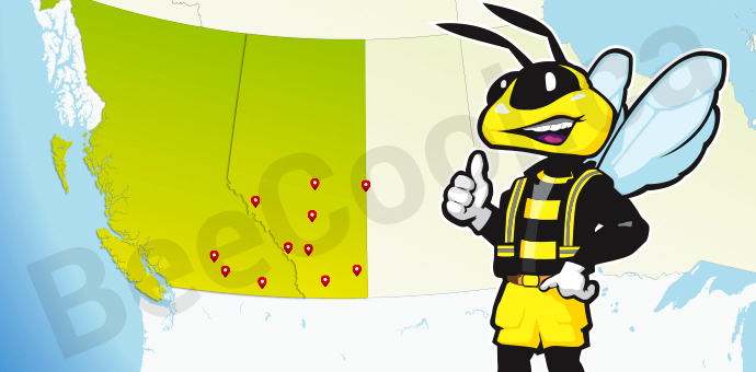Bee Cool bee logo with map of Alberta and BC.