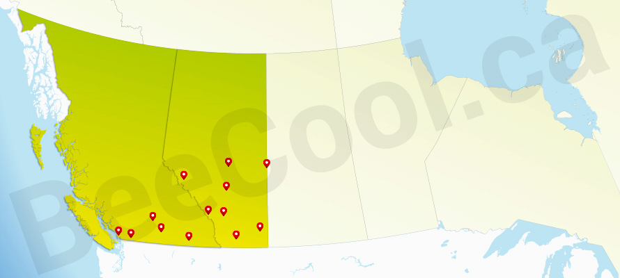 Map of BC and Alberta with locations pegged that Bee Cool will come to.