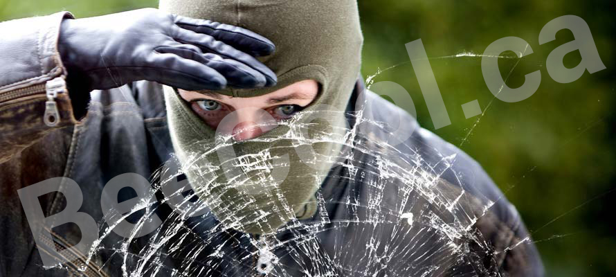 burglar looking into a broken window with Bee Cool Safety Security film installed.