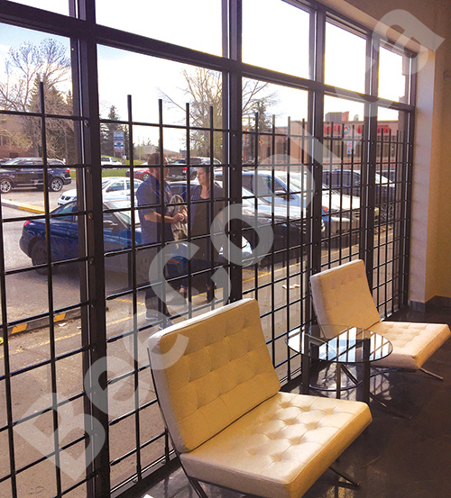 Nisku Bee Cool window bars installed inside storefront windows.