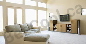 interior photo of living room with sun control window products installed.