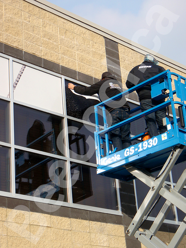 Bee Cool Glass Coatings - Perforated Graphic Film installation in progress.